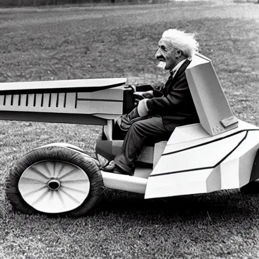 Prompt: Albert Einstein driving a Star Wars Speeder bike