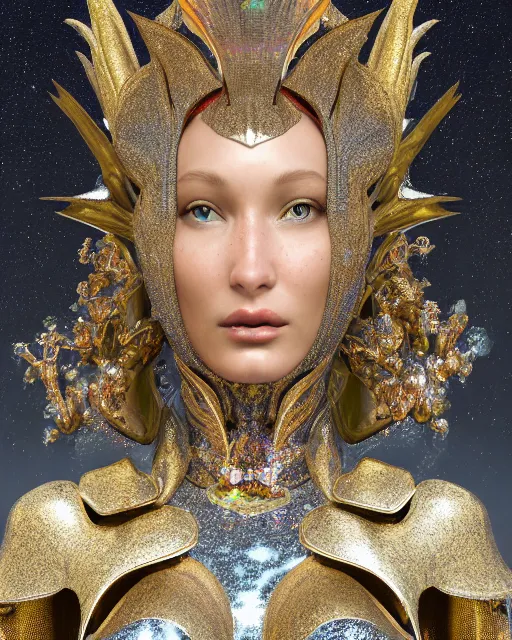 Image similar to a highly detailed metahuman 4 k close up render of an alien goddess bella hadid monument in iris van herpen armor schiaparelli in diamonds crystals swarovski and jewelry iridescent in style of alphonse mucha gustav klimt trending on artstation made in unreal engine 4