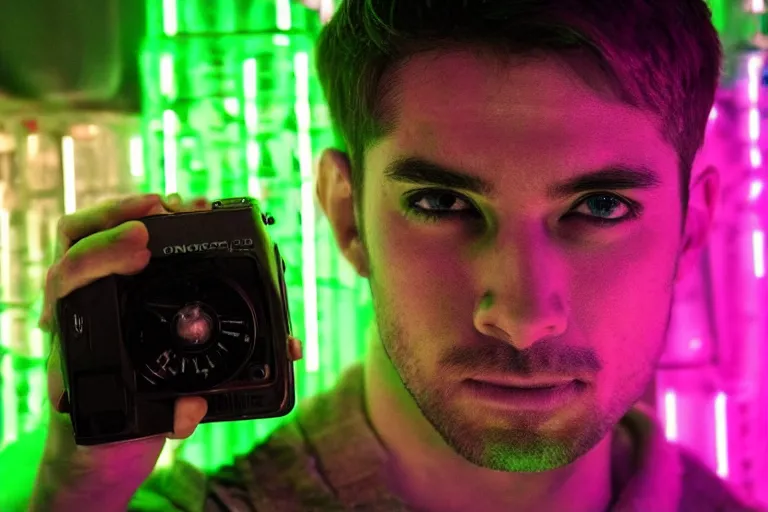 Image similar to handsome man, posing for the camera, neon lighting, closeup!!!!!!, macro!!!!!!, 3 5 mm!!!!!! lens, comprehensive art, neon!!!!!! atmosphere, intricately detailed, indistinguishably unique, 4 k, 8 k, detailed facial features