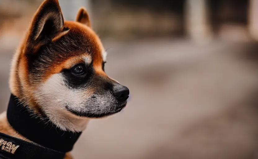 Image similar to a shiba inu wearing a a black turtle neck and wearing a black barret, bokeh, depth of feild, dslr photo