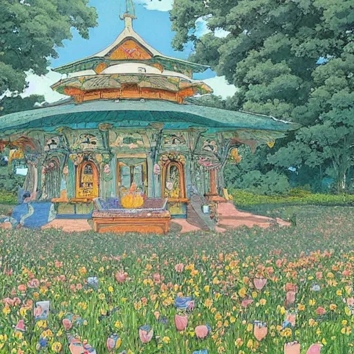 Prompt: a beautiful painting of a large exquisite mystical shrine in a field of flowers by moebius and studio ghibli