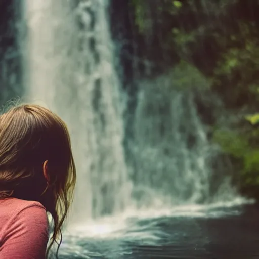 Prompt: young person looking through waterfall, with clear glass, melancholic, sad, lots of raindrops, detailed, cinematic, dramatic lighting