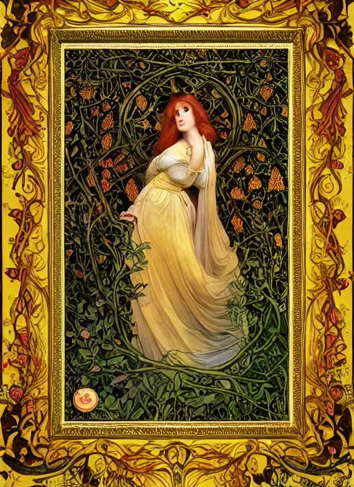 Prompt: masterpiece beautiful seductive flowing curves pose preraphaelite portrait photography, straight bangs, thick set, yellow ochre ornate medieval dress, mushroom forest arch, amongst foliage, william morris and kilian eng and mucha, framed, 4 k