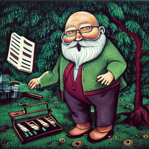 Prompt: old man white beard playing a synthesizer in a tree house, notes and clefs listening , lowbrow surrealistic, in the style of Mark Ryden,