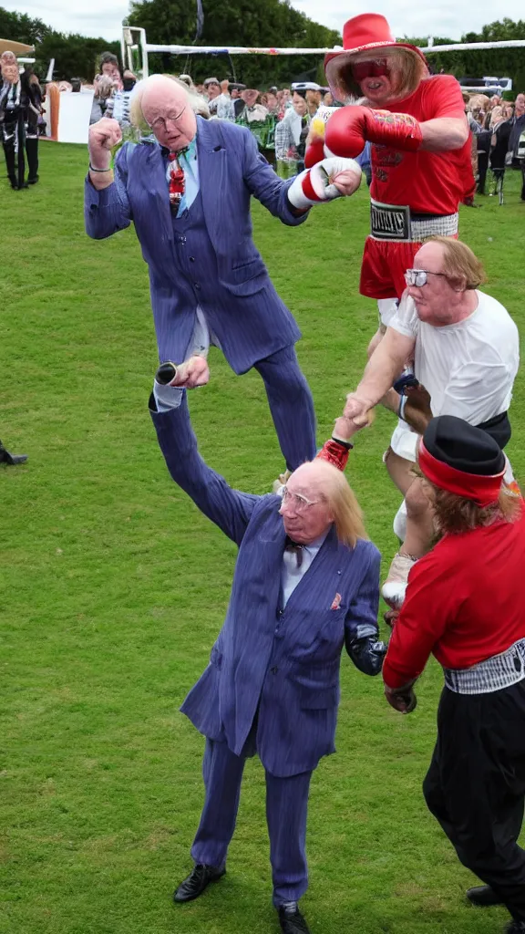 Prompt: michael fish vs john mccririck in a boxing match, in the middle of a paddock