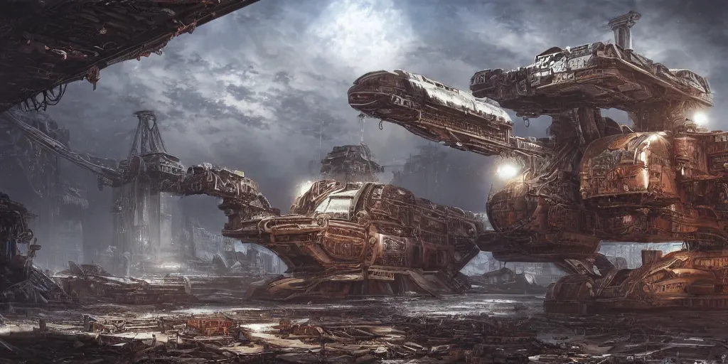 Image similar to A beautiful highly detailed matte painting of a huge derelict cargo starship, Space Hulk, WarHammer 40k by Jose Daniel Cabrera Pena and Leonid Kozienko, concept art H 1024