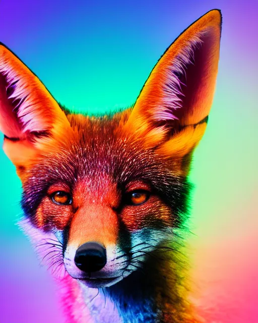 Prompt: rainbow colored fox, portrait, blue background, 8 k, 8 5 mm f 1. 8