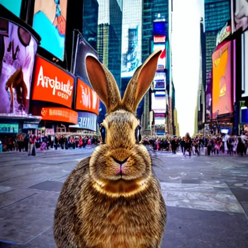 Image similar to a rabbit standing in times square, photorealistic