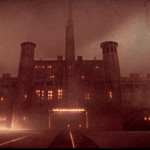 Image similar to an ominous lunatic insane asylum. still from blade runner