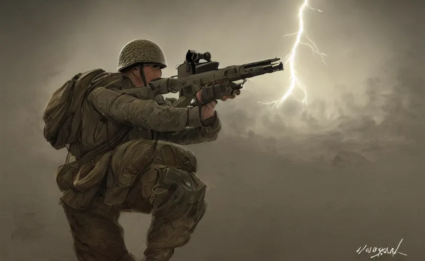 Prompt: highly detailed, high resolution, character design art, stunning, volumetric lightning, shot in normandy, from save private ryan movie, matte, sharp focus, 150mm, illustration, artstation, by kuvshinov ilya, realistic human anatomy, simple design, ww2 era guns, realistic soldiers