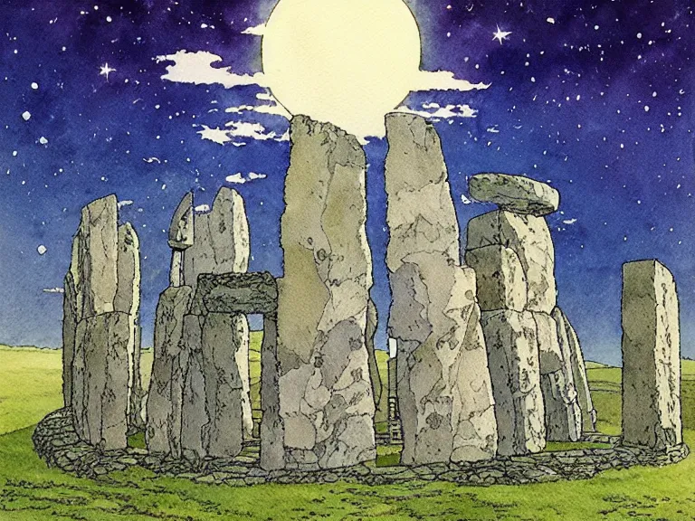 Image similar to hyperrealist studio ghibli watercolor fantasy concept art of an immense earthship solar home sitting on stonehenge like a stool. it is a misty starry night. by rebecca guay, michael kaluta, charles vess