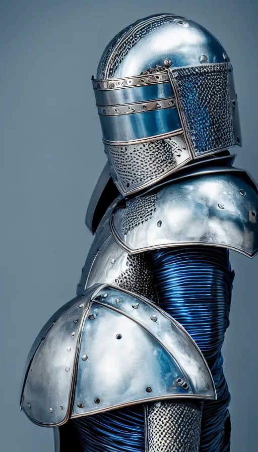 Image similar to female knight, no helmet, blue eyes, armor created by louis vuitton, lv logos all over the metal, symmetrical, cinematic, elegant, professional studio light, real dlsr photography, sharp focus, 4 k, ultra hd, sense of awe