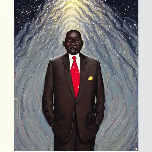 Image similar to a painting of a loving, caring fatherly wide forehead, aquiline nose, round face, XXL , generous, ever-present, humble, wise elder from Kenya in a silver suit and red tie by Wangechi Mutu . Fatherly/daddy, focused, loving, leader, relaxed. Gold background, heavenly lights, details, smooth, sharp focus, illustration, realistic, cinematic, artstation, award winning, rgb , unreal engine, octane render, cinematic light, macro, depth of field, blur, light and clouds, highly detailed epic cinematic concept art CG render made in Maya, Blender and Photoshop, octane render, excellent composition, dynamic dramatic cinematic lighting, aesthetic, very inspirational, arthouse.