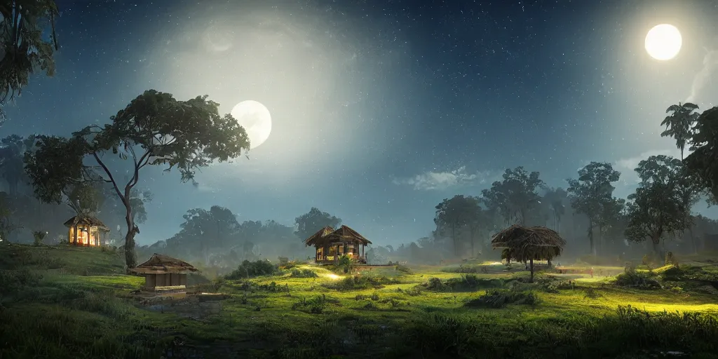 Image similar to dreamy moonlit landscape of a kerala village, realistic detailed digital art by Maxwell Boas Jessica Rossier Christian Dimitrov Anton Fadeev trending on Artstation CGSociety rendered in Unreal Engine 4k HQ