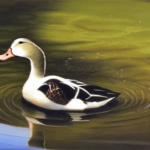 Prompt: picture of a duck swimming in a small pond, photo, realism