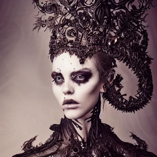 Image similar to a portrait of female model by stefan geselle and nekro borja, photorealistic, intricate details, hyper realistic, dark fantasy, ornate headpiece, dark beauty, photorealistic, canon r 3, photography, wide shot, photography, dark beauty