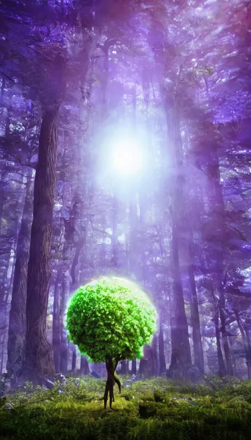 Prompt: hyper realistic 3 d render of a future sci - fi ancient god on the middle of a forest with a lot of purple trees holding a portal that's about to explode, volumetric lighting, sunny day