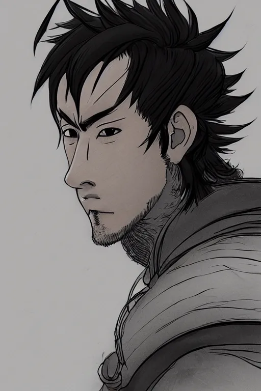 Image similar to face portrait of a handsome and rough ronin with a square jawline, short messy hair, and wearing a haori, by takashi takeuchi, studio ghibli, wlop, kyoto studio, samurai, extremely detailed shading, concept art, digital painting, trending on pixiv, unreal engine 5, octane render, atmosphere, glow, cinematic lighting, full of color