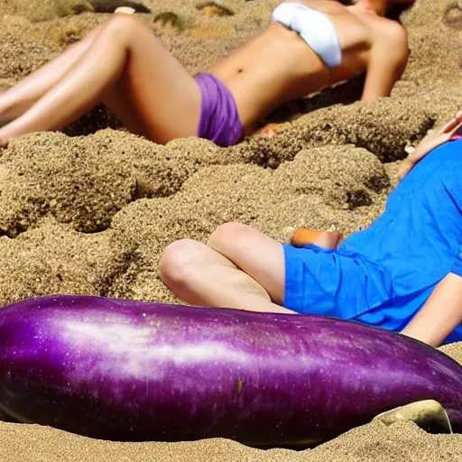 Prompt: huge eggplant sunbathing on the beach among people, photo,