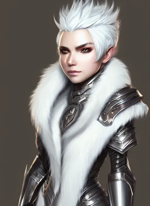 Image similar to fur - lined armor!!! beautiful and elegant white haired female!! gorgeous ayes!! character concept art, sharp focus, octane render! unreal engine 5! highly rendered!! trending on artstation!! detailed linework!! illustration by artgerm