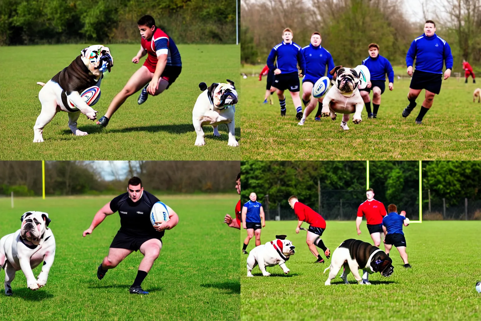 Prompt: Bulldogs out on a field playing rugby. Dogs, canines. Sports photo.