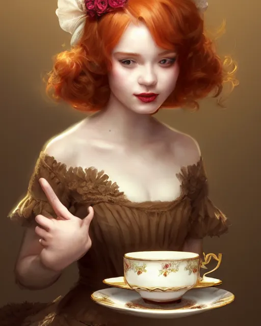 Prompt: maid cafe, ornate tea cup, perfect face, bonnet, elegant dress, ginger hair, cinematic, stunning, highly detailed, digital painting, artstation, smooth, hard focus, illustration, art by jessica rossier and and brian froud