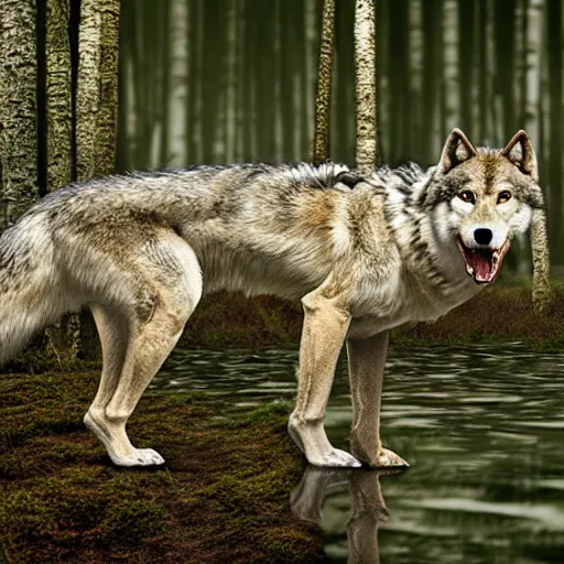 Image similar to chimera made of a wolf and a crocodile, awarded on pixiv, trending on deviantart, realistic birch wood swamp, professional photoshop utilizing real life photos