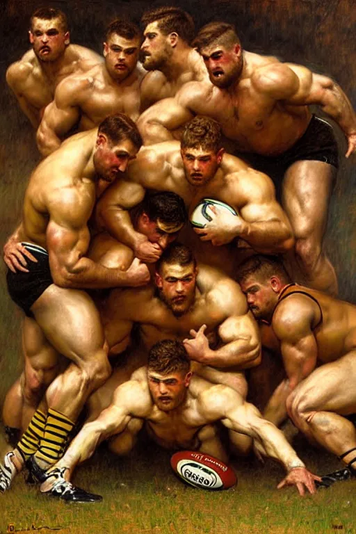 Image similar to muscular rugby players in a scrum painting by gaston bussiere, craig mullins, j. c. leyendecker, tom of finland