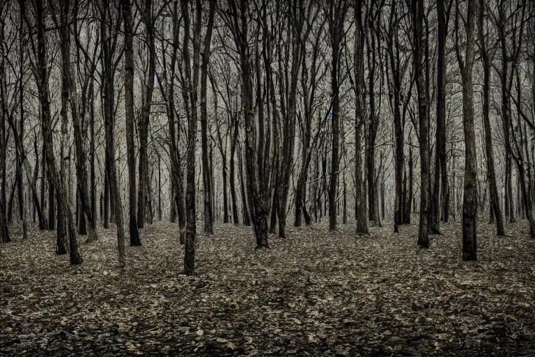 Prompt: photo of a forest made out of human bones, scary, horror, mid night, creepy, 4k