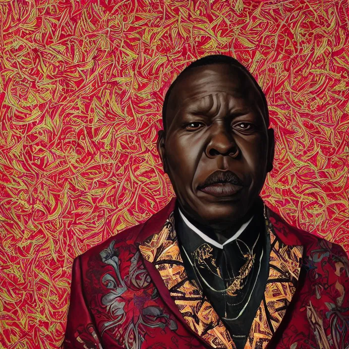 Image similar to a painting of a XXL wise elder from Kenya in a suit by Kehinde Wiley . dramatic angle, ethereal lights, details, smooth, sharp focus, illustration, realistic, cinematic, artstation, award winning, rgb , unreal engine, octane render, cinematic light, macro, depth of field, blur, red light and clouds from the back, highly detailed epic cinematic concept art CG render made in Maya, Blender and Photoshop, octane render, excellent composition, dynamic dramatic cinematic lighting, aesthetic, very inspirational, arthouse.