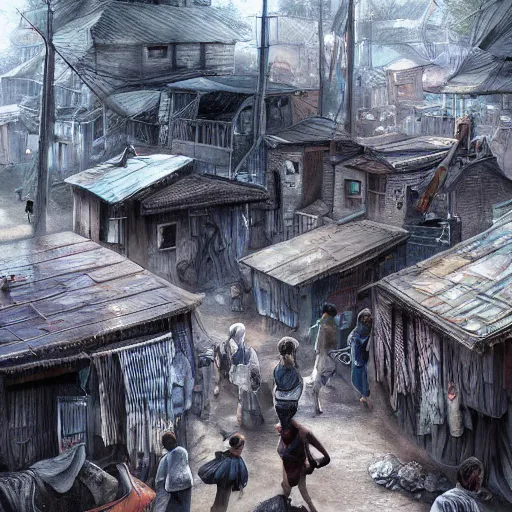 Image similar to slum neighborhood in lord of the ring world, on artgerm style, hyperrealistic content, high definition content, intricate, delete duplicate content, justify content center, 5 dark tone colors