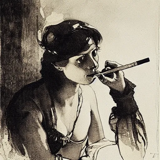 Prompt: the alchemical art of etching by master anders zorn. damsel smoking a long cigarette. ink highly detailed lines