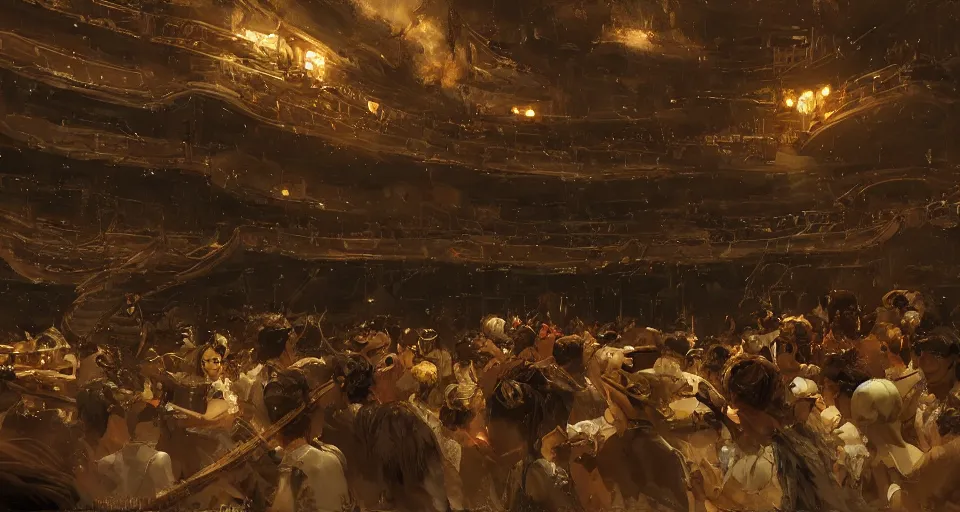 Image similar to craig mullins and ghibli digital art of inside the theater, on the stage, masked female violinists, exotic costumes, gold jewelry, black hair, solo performance unreal engine, hyper realism, realistic shading, cinematic composition, realistic render, octane render, detailed textures, photorealistic, wide shot