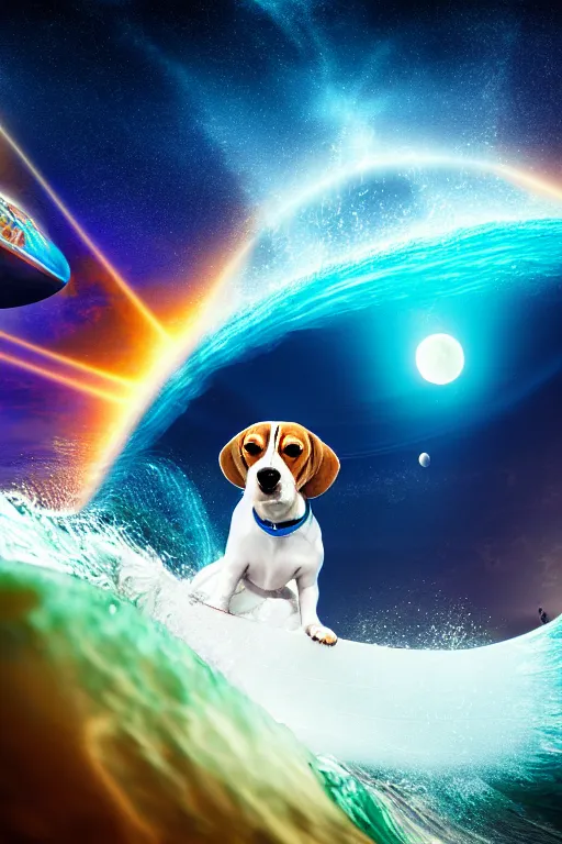 Prompt: beagle dog surfing a surfboard on a sparkly crashing wave of alien ocean in space, background is a moon in nebula, aliens in the background, alien neon colors, octane render, unreal engine, wide view, 8 k, highdetaild