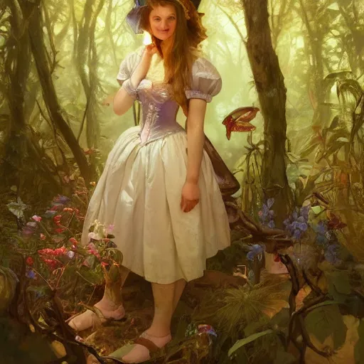 Image similar to close up portrait of alice in wonderland, magical forest, dramatic lighting, high detail, painted, by greg rutkowski, painted by stanley artgerm, painted by alphonse mucha, trending on artstation