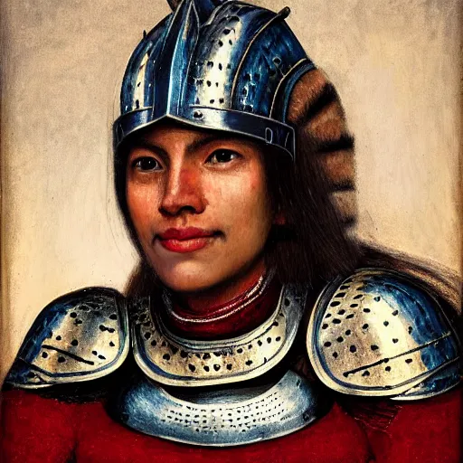 Prompt: head and shoulders portrait of a female knight, inca!, cuirass, tonalist, symbolist, realistic, baroque, detailed, modeled lighting, haggard, vignetting, indigo and venetian red, angular, smiling, eagle