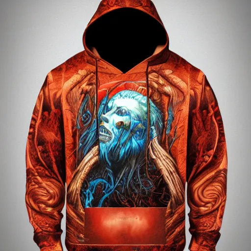 Prompt: Supreme hoodie in collaboration with gerald brom and several other artists