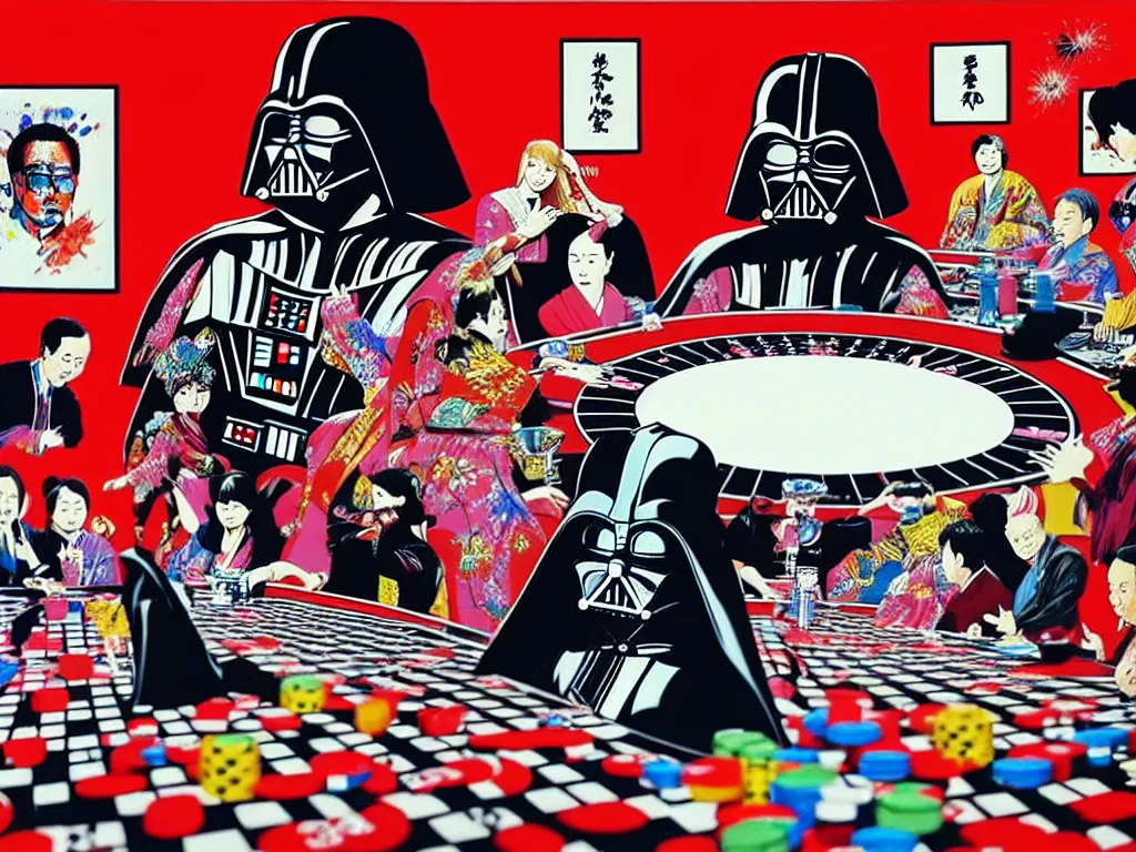 Image similar to hyper - realistic composition of a large room with an extremely detailed poker table in the center, woman in traditional japanese kimono standing nearby, darth vader sitting at the table, fireworks in the background, pop art style, jackie tsai style, andy warhol style, acrylic on canvas, dull palette