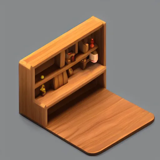 Prompt: a 3 d object of the wooden desk, isometric game, mobile game, object is centralised, mohamed chahin, blender cycles render, solid colours material, no background and shadows