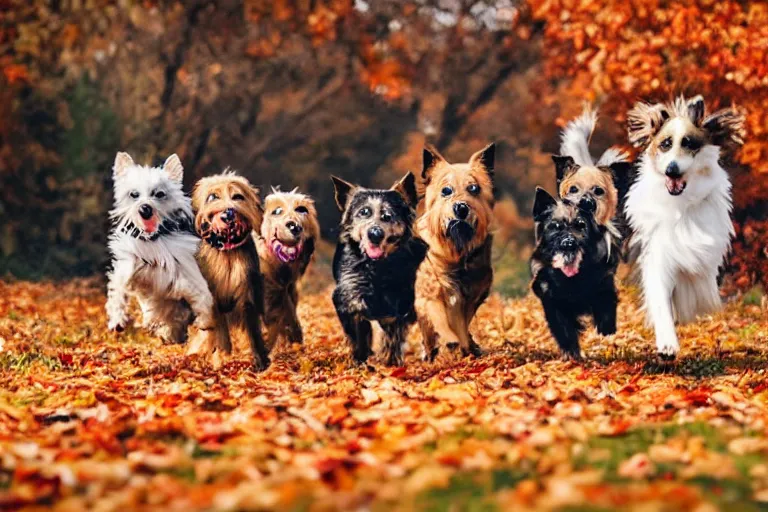 Prompt: dogs running through autumn leaves towards the camera