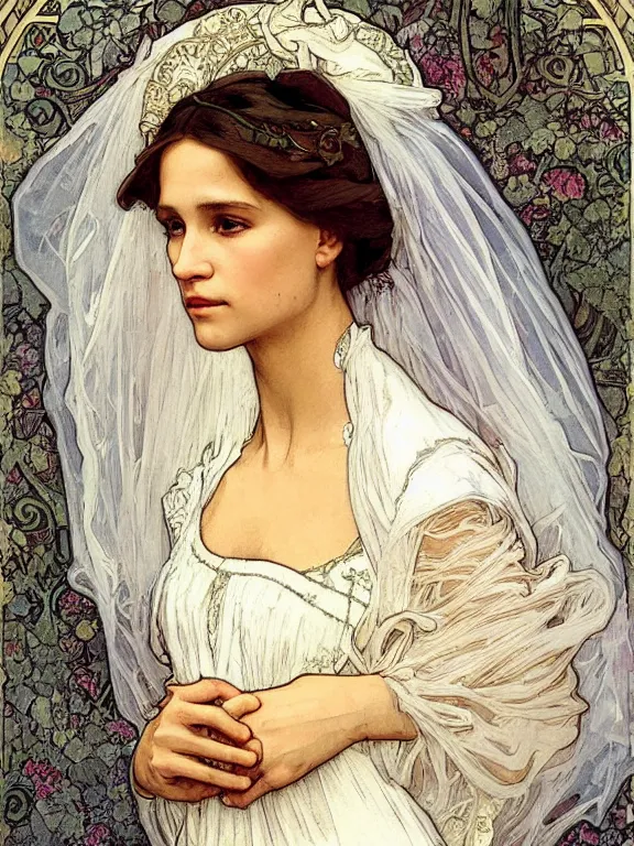 Prompt: an art nouveau mucha poster style head and shoulders portrait oil painting of a pretty young alicia jessica vikander alba wearing a white victorian bridal gown, intricate, detailed, smooth, complex, elaborate, by alphonse mucha and james gurney and john william waterhouse and bouguereau