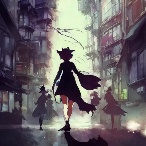 Image similar to anime key visual of a little witch walking through busy cities, cinematic lighting, dramatic atmosphere, by dustin nguyen, akihiko yoshida, greg tocchini, greg rutkowski, cliff chiang, 4 k resolution