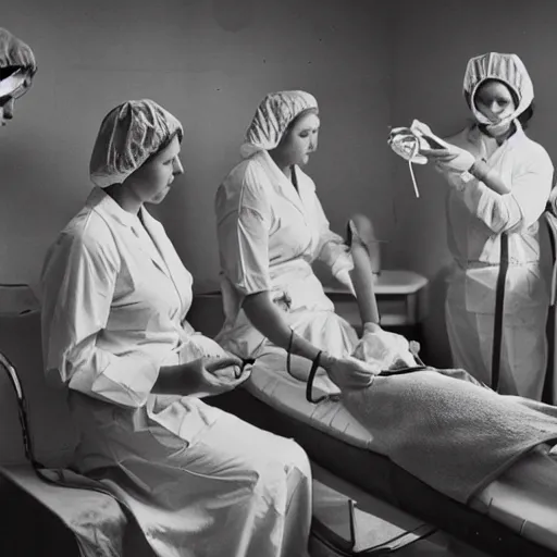 Image similar to horses dressed as nurses performing an operation