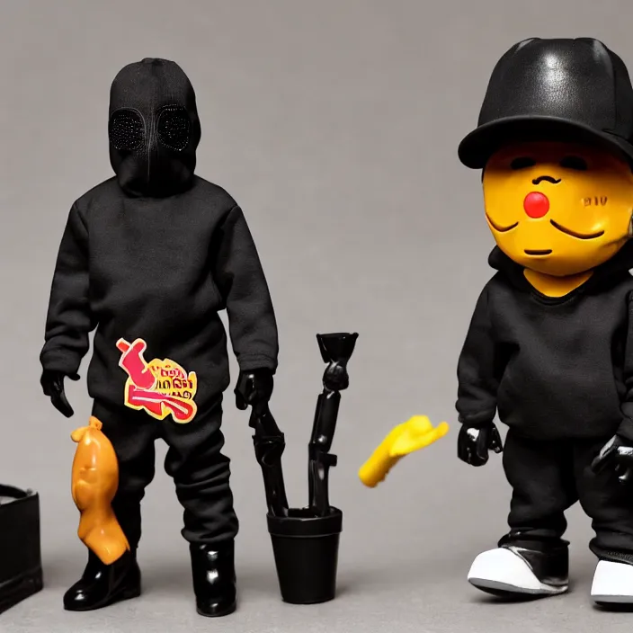 Image similar to kanye west using a black mask with small holes, a black shirt, a black undersize hoodie and black rubber boots, a mcdonald's happy meal toy figure of kanye west using a black mask with small holes, a black shirt, a black undersize hoodie and black rubber boots, figurine, detailed product photo