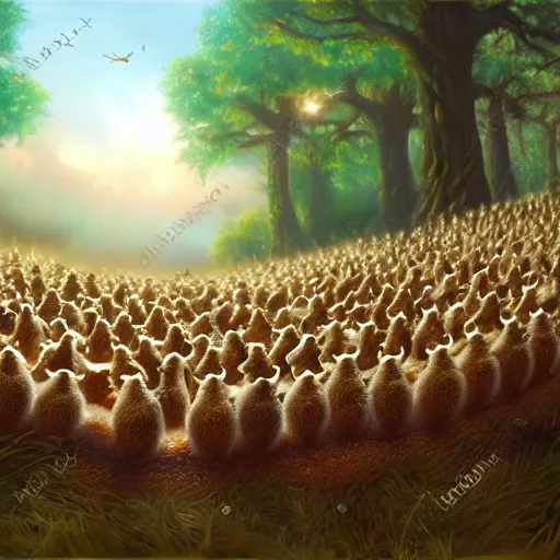 Image similar to ultra realist soft painting of an army of squirrels, symmetry accurate features, very intricate details, volumetric clouds, kawai world