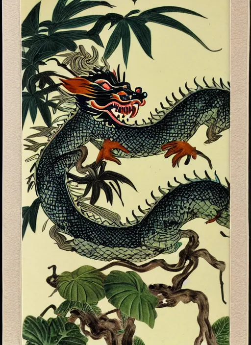 Image similar to vintage chinese dragon in a tropical forest, john james audubon, intaglio