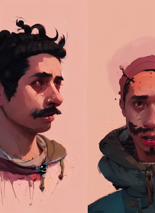 Image similar to highly detailed portrait of a sewer punk guy worker, thirties, black hair, brown eyes, small mustache, tartan hoody, short curly hair by atey ghailan, by greg rutkowski, by greg tocchini, by james gilleard, by joe fenton, by kaethe butcher, gradient pink, brown, light blue and white color scheme,