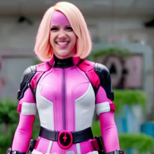 Image similar to A still of Gwenpool in Deadpool 3 (2023), blonde hair with pink highlights, no mask, white and light-pink outfit, smiling and winking at the camera