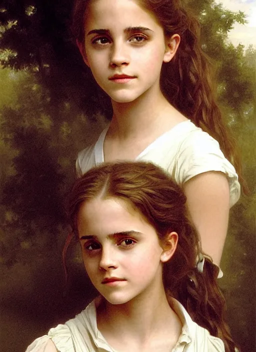 Image similar to painting. [ young ] emma watson as hermione granger 2 0 0 4. prisoner of azkaban. cheerful. happy. smiling. art by william adolphe bouguereau. during golden hour. extremely detailed. beautiful. 4 k. award winning.