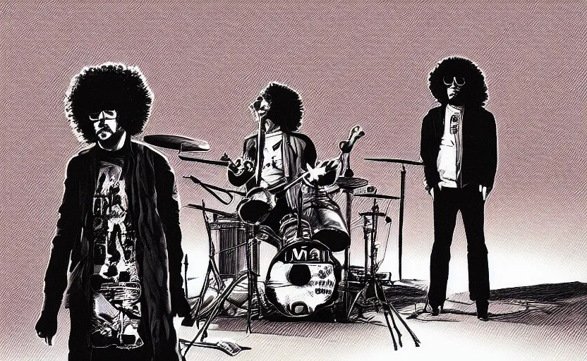 Prompt: the mars volta in a hyper surealism style, ultra detailed, in subtle colors, manga style.